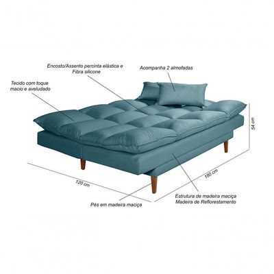 Sofá Cama Andorra 3 Lugares Império Reclinável Pés Madeira Com Banqueta Suede Azul Turquesa 362
