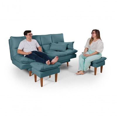 Sofá Cama Andorra 3 Lugares Império Reclinável Pés Madeira Com Banqueta Suede Azul Turquesa 362
