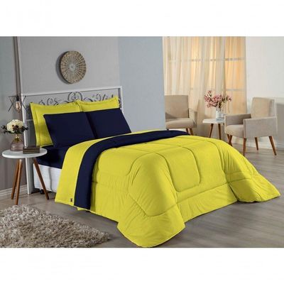 Kit Edredom Dupla Face + Jogo De Lençol Solteiro Nobre 5 Peças Malha 100% Algodão - Amarelo / Azul-marinho