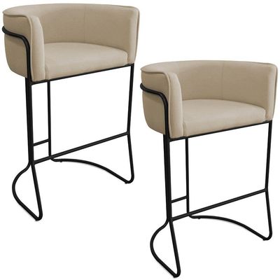 Kit 02 Banquetas Alta Com Encosto Betina Base Preto Linho Areia - Nexta Casa