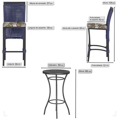 Mesa Bistrô E 2 Banquetas Roma Preta Corda Estofado 6 Trama Azul