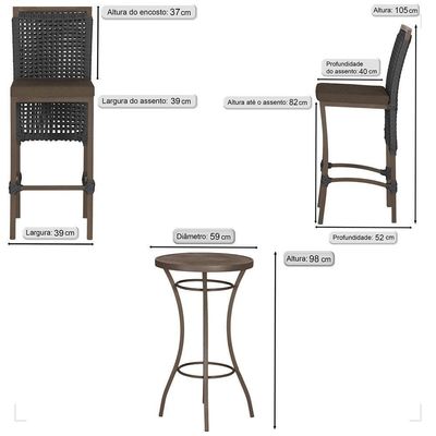 Mesa Bistrô E 2 Banquetas Roma Marrom Corda Estofado 9 Trama Preto
