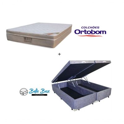 Cama Box Baú Queen Bipartido 158 Suede Cinza Com Colchão Ortobom Airtech Spring Pocket D26 Bege 70x158x198