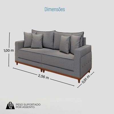 Sofá Fixo 4 Lugares Verona 2,56m Linho Cinza