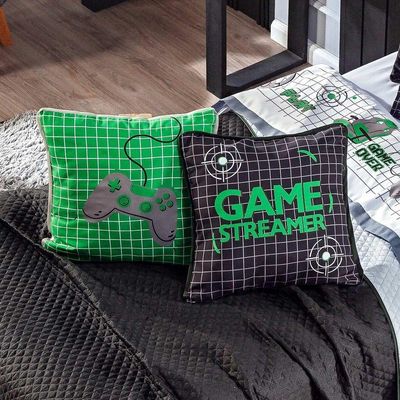 Kit Cobre Leito Colcha Casal Padrão Game Streamer Verde Dupla Face Com Almofadas Estampadas 07 Peças