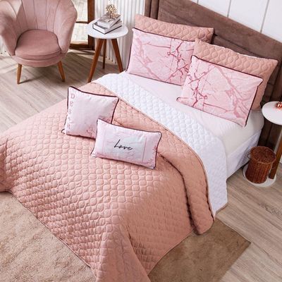 Kit Cobre Leito Colcha King Verano Com Almofadas Estampadas 07 Peças - Dupla Face Percal 300 Fios Matelado Cor Love