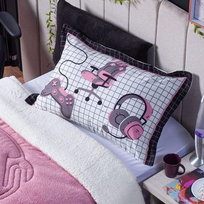 Kit Coberdrom Cobertor Solteiro Game Streamer Rosê Dupla Face Com Fronha 02 Peças - Tecido Em Mantinha E Sherpa