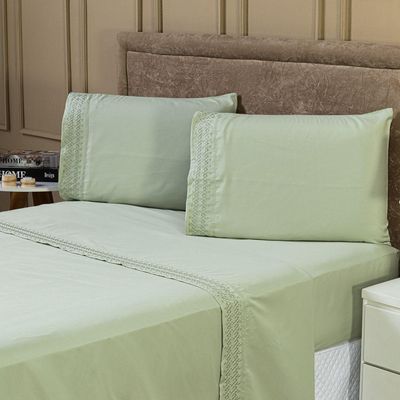 Jogo De Cama Lençol Queen Harmony Bordado Geométrico Percal 300 Fios Com Fronhas 04 Peças - Toque Acetinado Cor Verde