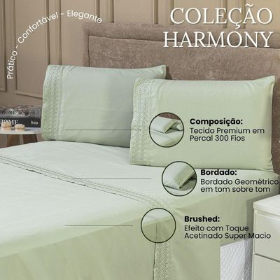 Jogo De Cama Lençol Queen Harmony Bordado Geométrico Percal 300 Fios Com Fronhas 04 Peças - Toque Acetinado Cor Verde