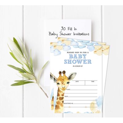 30 Cartões de Chá de Bebê para Preencher com Girafa e Animais da Selva em Branco - Inkdotpot 12,7 Cm × 17,78 Cm / Branco - Convite