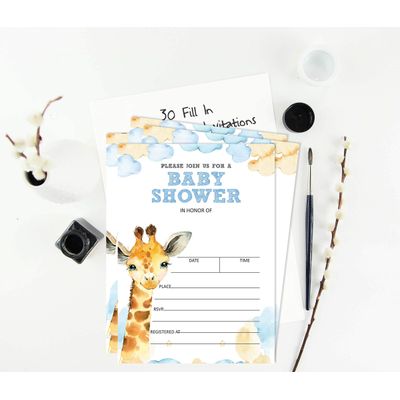 30 Cartões de Chá de Bebê para Preencher com Girafa e Animais da Selva em Branco - Inkdotpot 12,7 Cm × 17,78 Cm / Branco - Convite