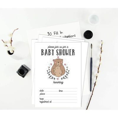 30 Cartões de Chá de Bebê para Preencher, Tema Ursos e Animais da Selva, Em Branco - Inkdotpot 12,7 Cm × 17,78 Cm / Branco - Convite
