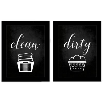Conjunto com 2 Placas Limpo/Sujo para Lavanderia Doméstica, Decoração de Parede - Inkdotpot 25,4 Cm × 30,48 Cm / Moldura Branca