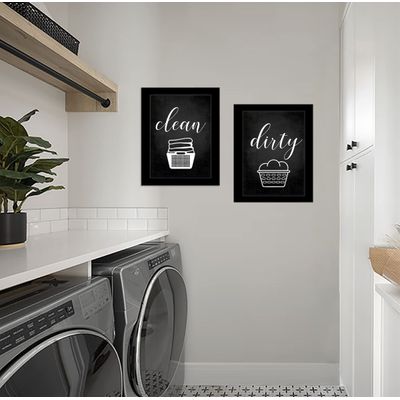 Conjunto com 2 Placas Limpo/Sujo para Lavanderia Doméstica, Decoração de Parede - Inkdotpot 25,4 Cm × 30,48 Cm / Moldura Branca