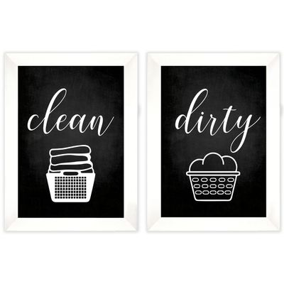 Conjunto com 2 Placas Limpo/Sujo para Lavanderia Doméstica, Decoração de Parede - Inkdotpot 25,4 Cm × 30,48 Cm / Moldura Branca