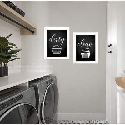 Conjunto com 2 Placas Limpo/Sujo para Lavanderia Doméstica, Decoração de Parede - Inkdotpot 25,4 Cm × 30,48 Cm / Moldura Branca