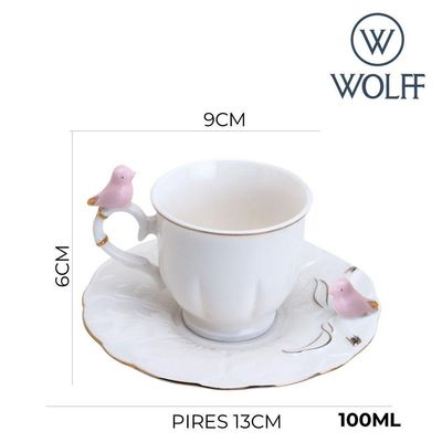 Jogo 6 Xícara De Café Porcelana Rosa E Branca Birds Pássaro Com Pires 100ml Wolff