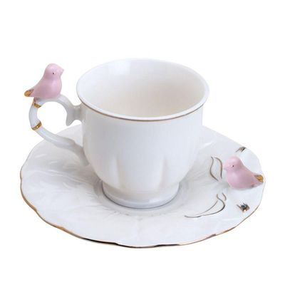 Jogo 6 Xícara De Café Porcelana Rosa E Branca Birds Pássaro Com Pires 100ml Wolff