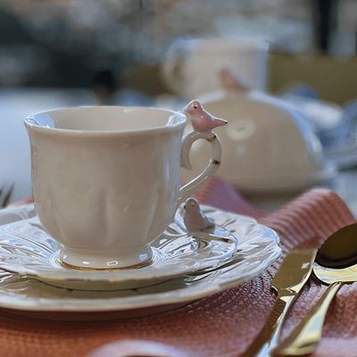 Jogo 6 Xícara De Café Porcelana Rosa E Branca Birds Pássaro Com Pires 100ml Wolff