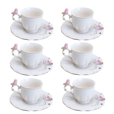 Jogo 6 Xícara De Café Porcelana Rosa E Branca Birds Pássaro Com Pires 100ml Wolff