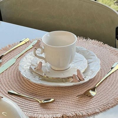 Jogo 6 Xícara De Café Porcelana Rosa E Branca Birds Pássaro Com Pires 100ml Wolff