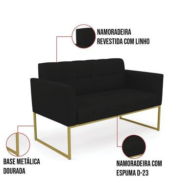 Sofá Namoradeira Elisa Linho Preto A79 Base Metálica Industrial Dourada - D'rossi