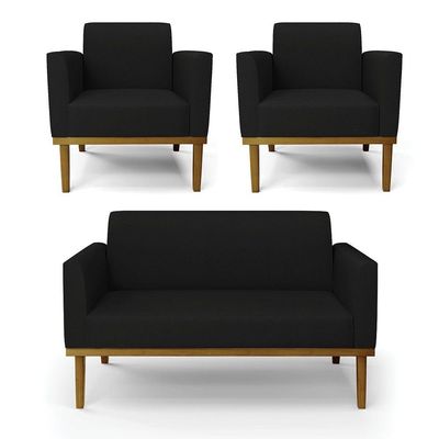 Sofá Namoradeira Com 2 Poltronas Base De Madeira Fixa Castanho Marisa Linho D03 - D?rossi Cor A79 Preto