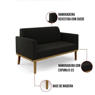 Sofá Namoradeira Base De Madeira Fixa Castanho Marisa Suede Preto D03 - D?rossi