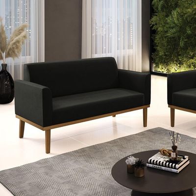 Sofá Namoradeira Base De Madeira Fixa Castanho Marisa Suede Preto D03 - D?rossi