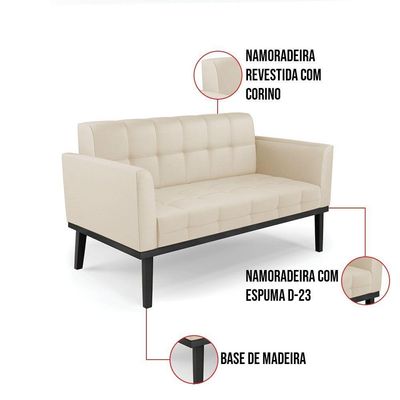 Sofá Namoradeira 2 Lugares Base De Madeira Preto Elisa Corino D03 - D'rossi Cor Bege