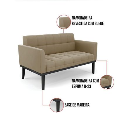 Sofá Namoradeira E Poltrona Base De Madeira Preto Elisa Suede Marrom Rato D03 - D'rossi