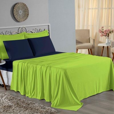 Jogo De Cama King Nobre 4 Peças Lençol Com Elástico De 30cm De Altura Malha 100% Algodão - Pistache / Azul-marinho