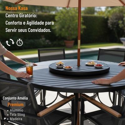 Jogo Mesa Piscina Para área Externa 6 Cadeiras Tela Sling Amélia Mesa 1,40m + Guarda Sol Preto