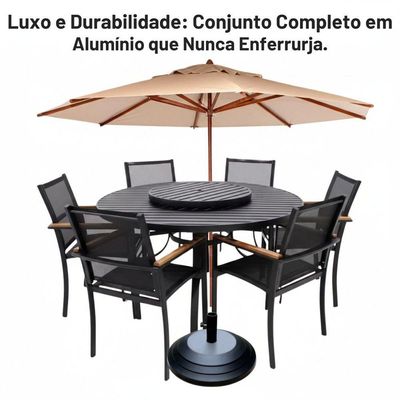 Jogo Mesa Piscina Para área Externa 6 Cadeiras Tela Sling Amélia Mesa 1,40m + Guarda Sol Preto