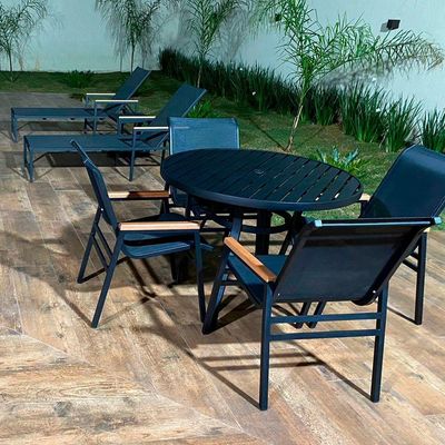Mesa 1,00m Ripado Alumínio + 4 Cadeiras Praia Tela Sling área Externa Piscina Jardim Preto