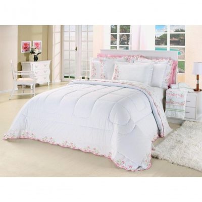 Kit Edredom Emozione Casal Queen 5 Peças Percal 200 Fios 100% Algodão Bordado - Branco