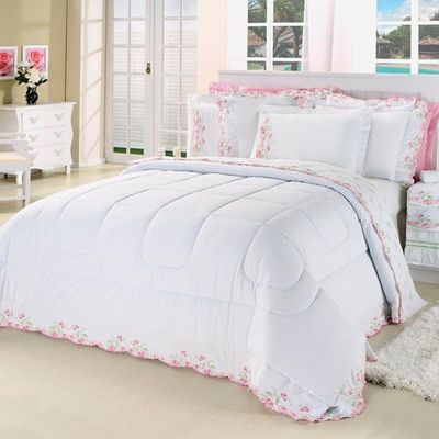 Kit Edredom Emozione Casal Queen 5 Peças Percal 200 Fios 100% Algodão Bordado - Branco