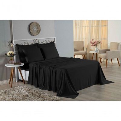 Jogo De Cama Queen Nobre 4 Peças Lençol Com Elástico De 30cm De Altura Malha 100% Algodão - Preto