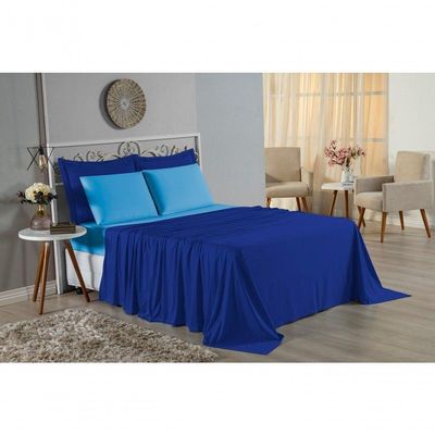 Jogo De Cama Queen Nobre 4 Peças Lençol Com Elástico De 30cm De Altura Malha 100% Algodão - Royal / Turquesa