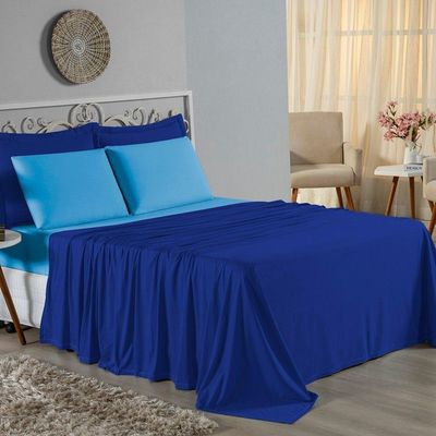 Jogo De Cama Queen Nobre 4 Peças Lençol Com Elástico De 30cm De Altura Malha 100% Algodão - Royal / Turquesa