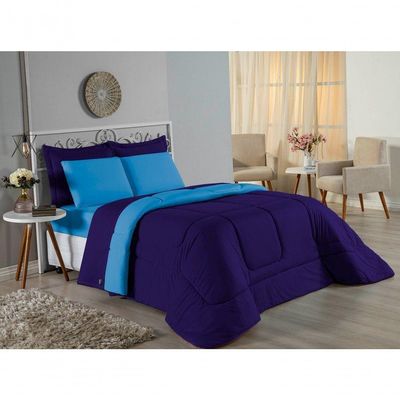 Kit Edredom Dupla Face + Jogo De Lençol Queen Nobre 6 Peças Malha 100% Algodão - Roxo / Turquesa