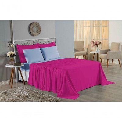 Jogo De Cama King Nobre 4 Peças Lençol Com Elástico De 30cm De Altura Malha 100% Algodão - Pink / Azul-bebê