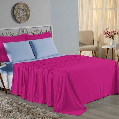 Jogo De Cama King Nobre 4 Peças Lençol Com Elástico De 30cm De Altura Malha 100% Algodão - Pink / Azul-bebê