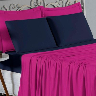 Jogo De Cama Casal Viúva Nobre 4 Peças Malha 100% Algodão - Pink / Azul-marinho