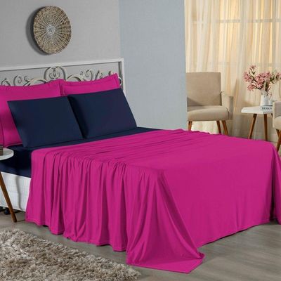 Jogo De Cama Casal Viúva Nobre 4 Peças Malha 100% Algodão - Pink / Azul-marinho