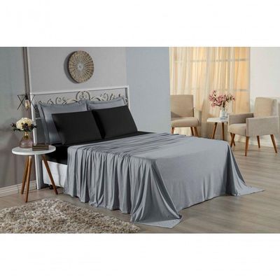 Jogo De Cama Casal Nobre 4 Peças Lençol Com Elástico De 30cm De Altura Malha 100% Algodão - Cinza / Preto