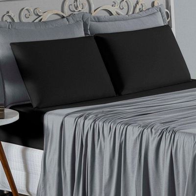 Jogo De Cama Casal Nobre 4 Peças Lençol Com Elástico De 30cm De Altura Malha 100% Algodão - Cinza / Preto