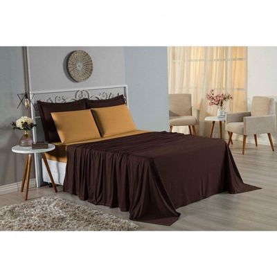 Jogo De Cama King Nobre 4 Peças Lençol Com Elástico De 30cm De Altura Malha 100% Algodão - Marrom / Cobre