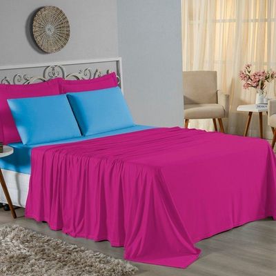 Jogo De Cama Casal Nobre 4 Peças Lençol Com Elástico De 30cm De Altura Malha 100% Algodão - Pink / Turquesa
