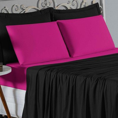 Jogo De Cama Casal Nobre 4 Peças Lençol Com Elástico De 30cm De Altura Malha 100% Algodão - Preto / Pink